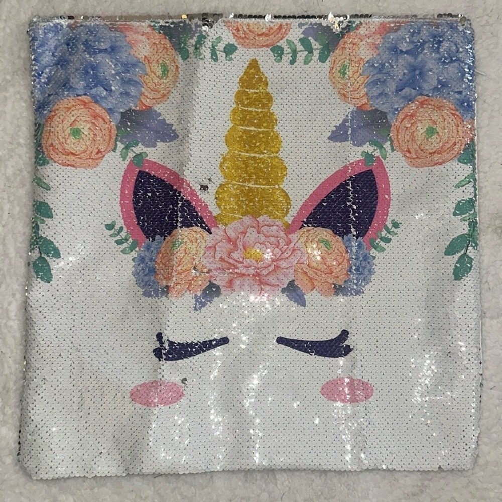 Unicorn Reversible Sequin Pillow Cover Floral Gold Horn White Sparkle Sham 15x15